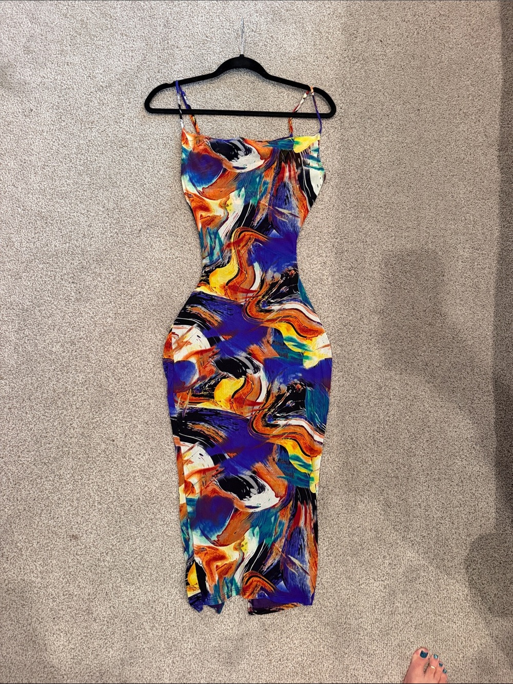 Abstract Multicolor Midi Slip Dress - Vibrant Blue & Orange